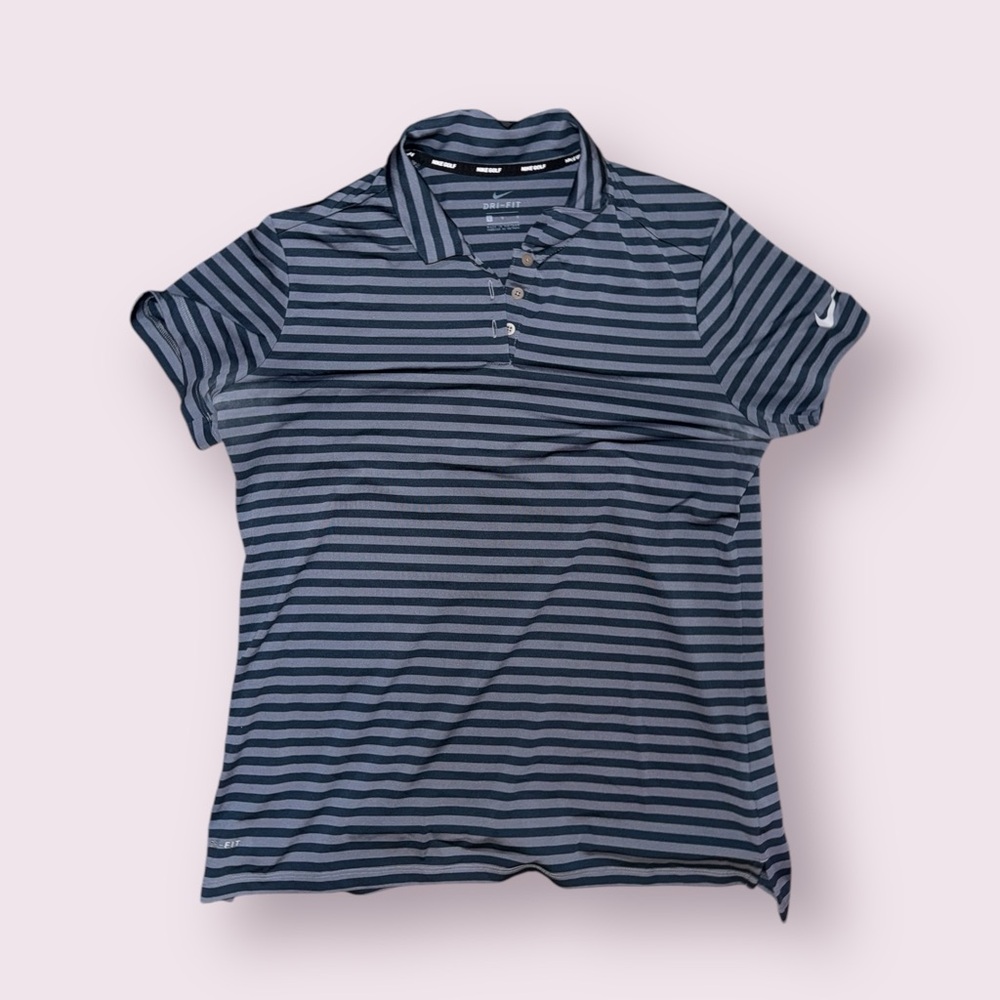 Women’s Nike Golf Polo Grey Navy Blue Stripe Size Large Dri-Fit